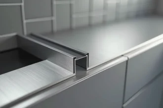 Profil en inox brossé et poli miroir côte à côte sur une crédence de cuisine moderne, comparaison des finitions professionnelles