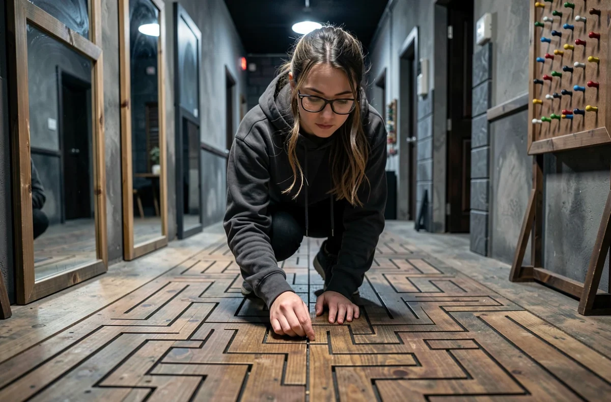Joueuse analysant un plan en forme de labyrinthe au sol dans l'escape game Projet Dédale à Toulouse
