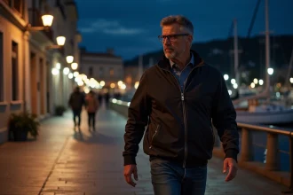 Homme marche sur le quai de La Ciotat la nuit avec vue sur les bateaux