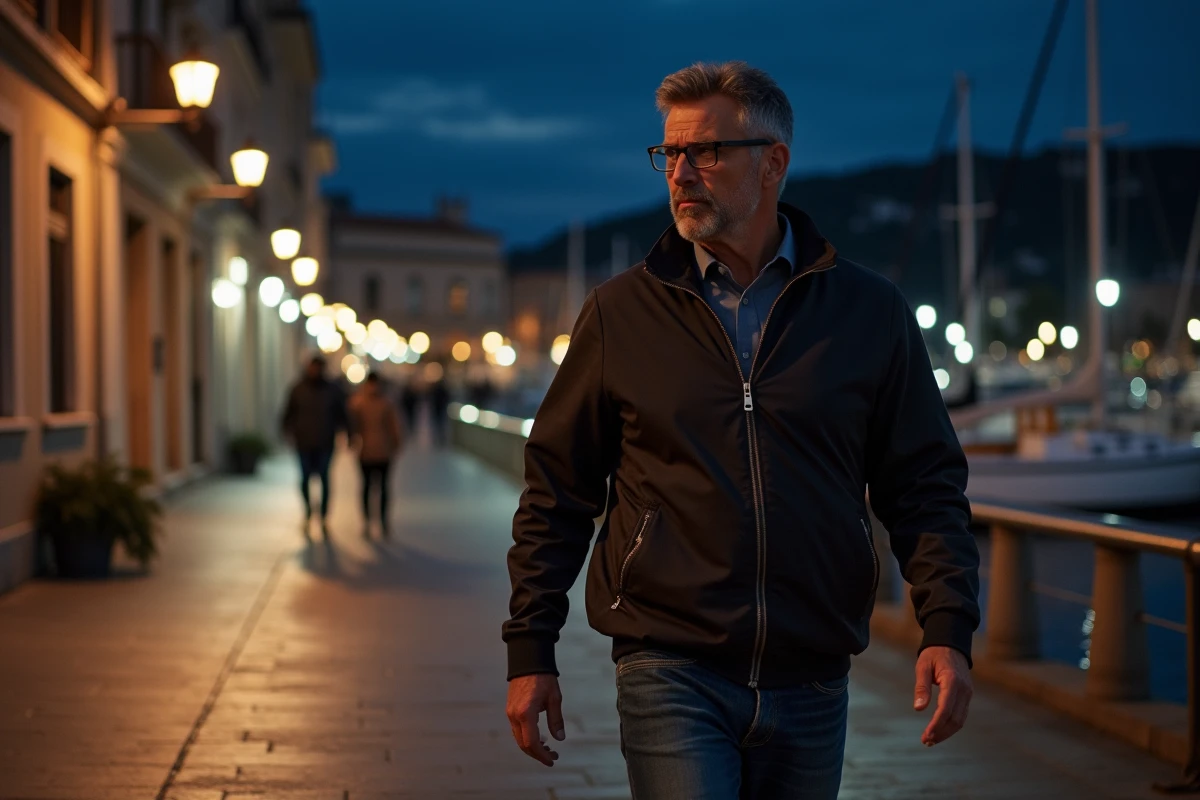 Homme marche sur le quai de La Ciotat la nuit avec vue sur les bateaux