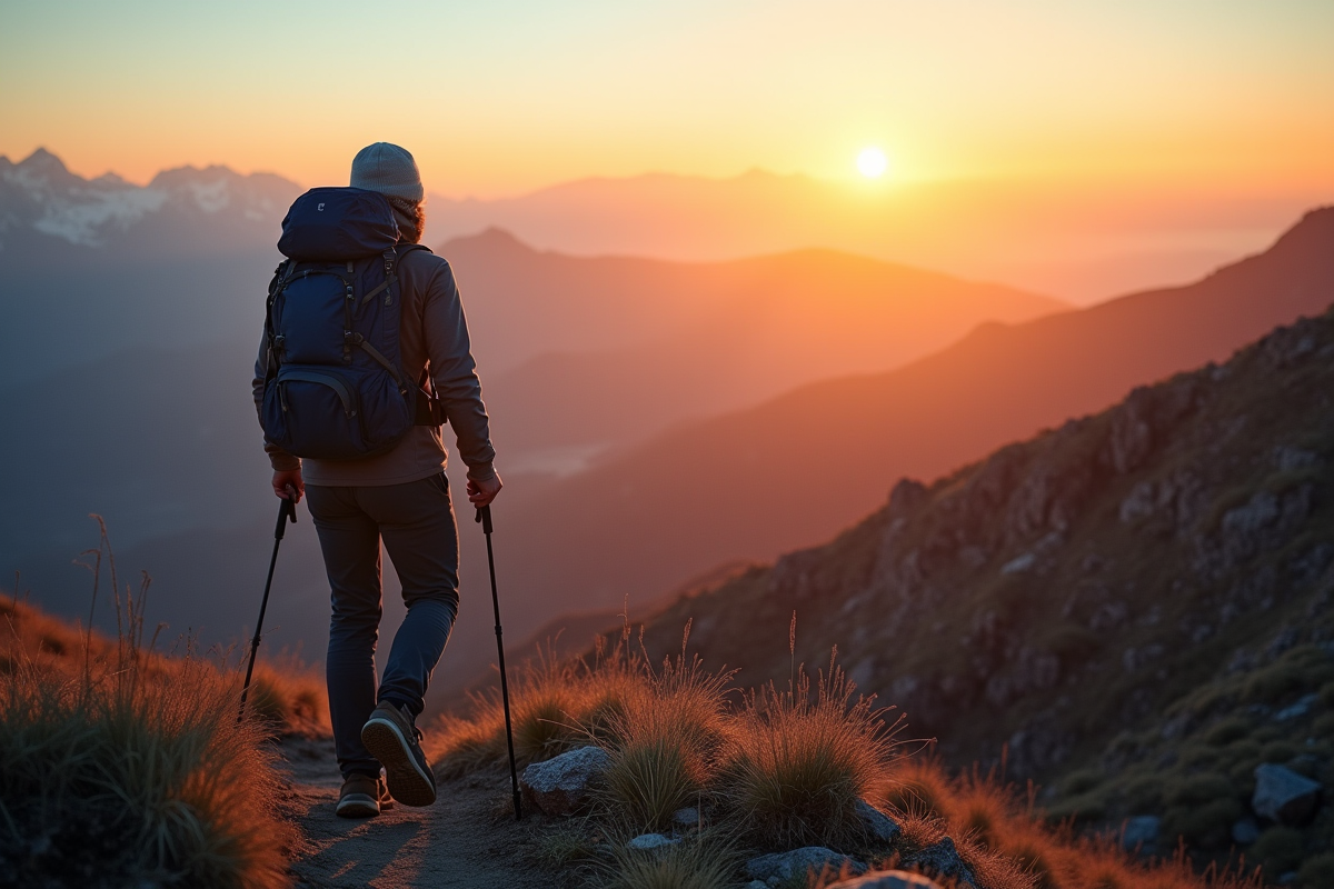 Personne escaladant un sentier de montagne au lever du soleil