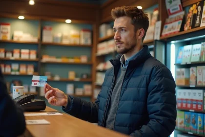 Homme rechargeant sa carte de transport Navigo au comptoir d'un bureau de tabac français
