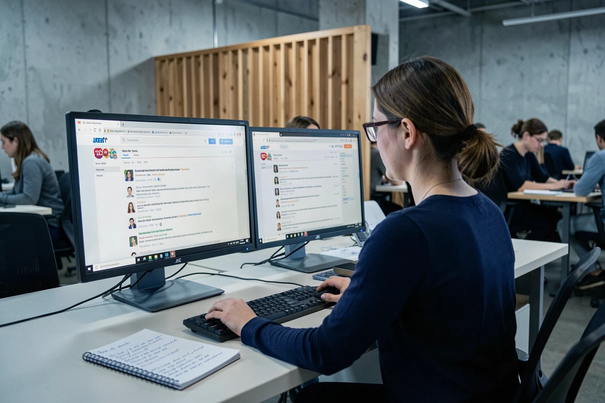 Femme de dos travaillant sur des archives de forums JVC avec deux écrans d'ordinateur dans un espace de coworking moderne