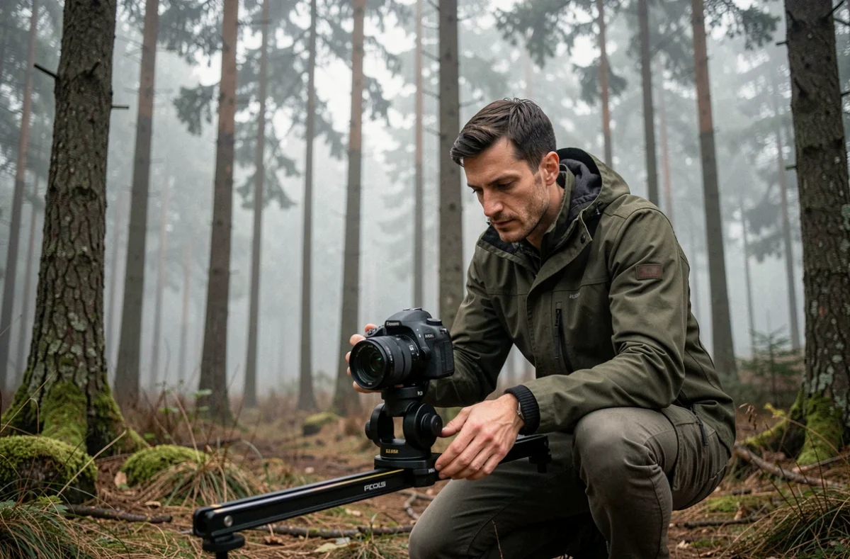 Redline Photo, vidéaste dans les forêts des Vosges en train de préparer un plan cinématique