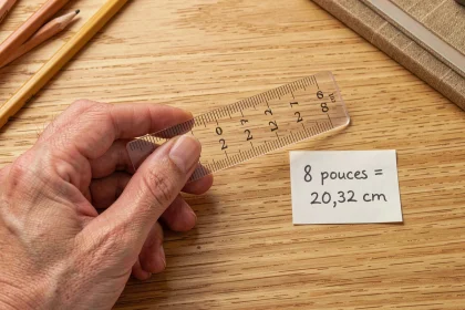 Main tenant une règle transparente sur un bureau en bois mesurant 20,32 cm soit 8 pouces, avec une note manuscrite explicative