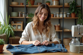 Jeune femme réparant un jean dans un espace cosy