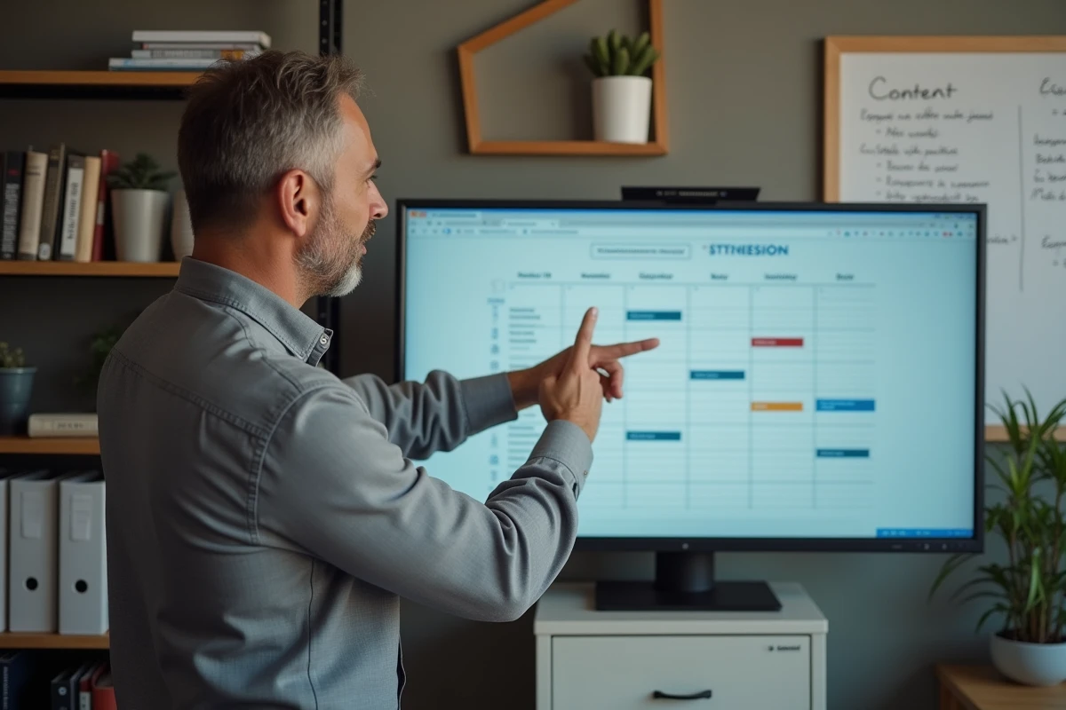 Responsable associatif présentant un calendrier éditorial web sur écran dans un bureau d'association