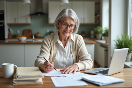 Femme retraitée comptant des documents dans une cuisine moderne