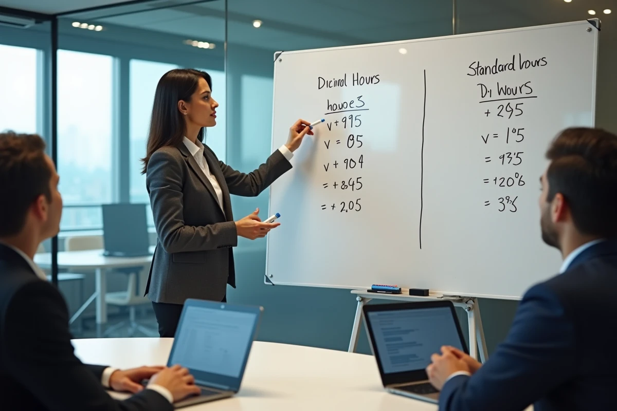 Responsable RH présentant les conversions d'heures en centièmes pour les heures supplémentaires lors d'une réunion d'équipe