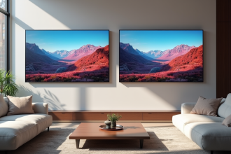 Salon moderne avec deux téléviseurs affichant paysage coloré
