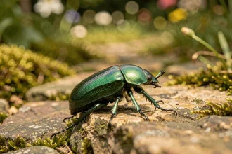 Scarabée vert iridescent traversant un chemin en pierre dans un jardin naturel, symbolisme et spiritualité