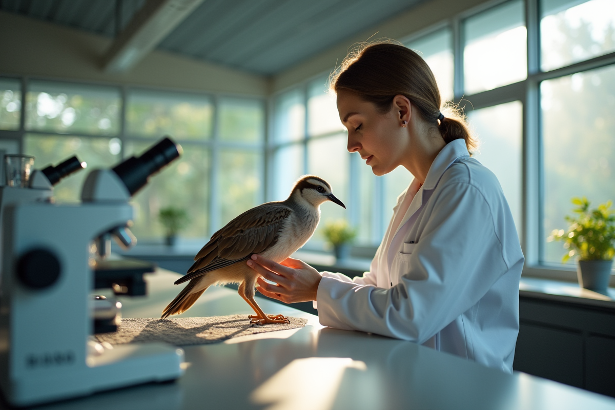 Chercheur examine un oiseau hybride dans un centre de recherche