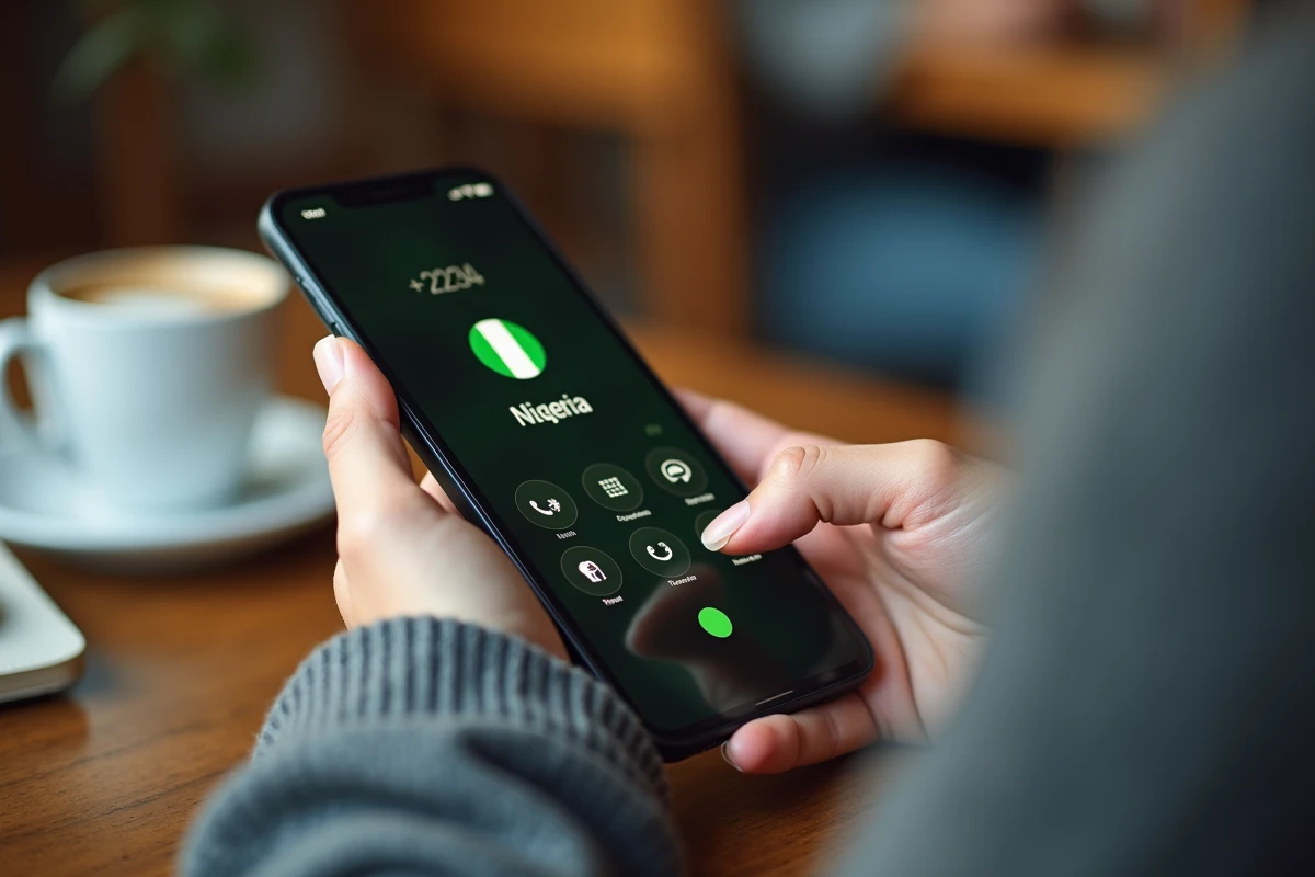 Écran de smartphone affichant le code pays +234 Nigeria dans une interface de composition téléphonique