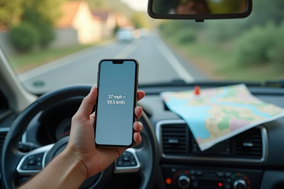 Smartphone affichant la conversion de 37 mph en kilomètres par heure dans une voiture de location avec une carte routière sur le tableau de bord
