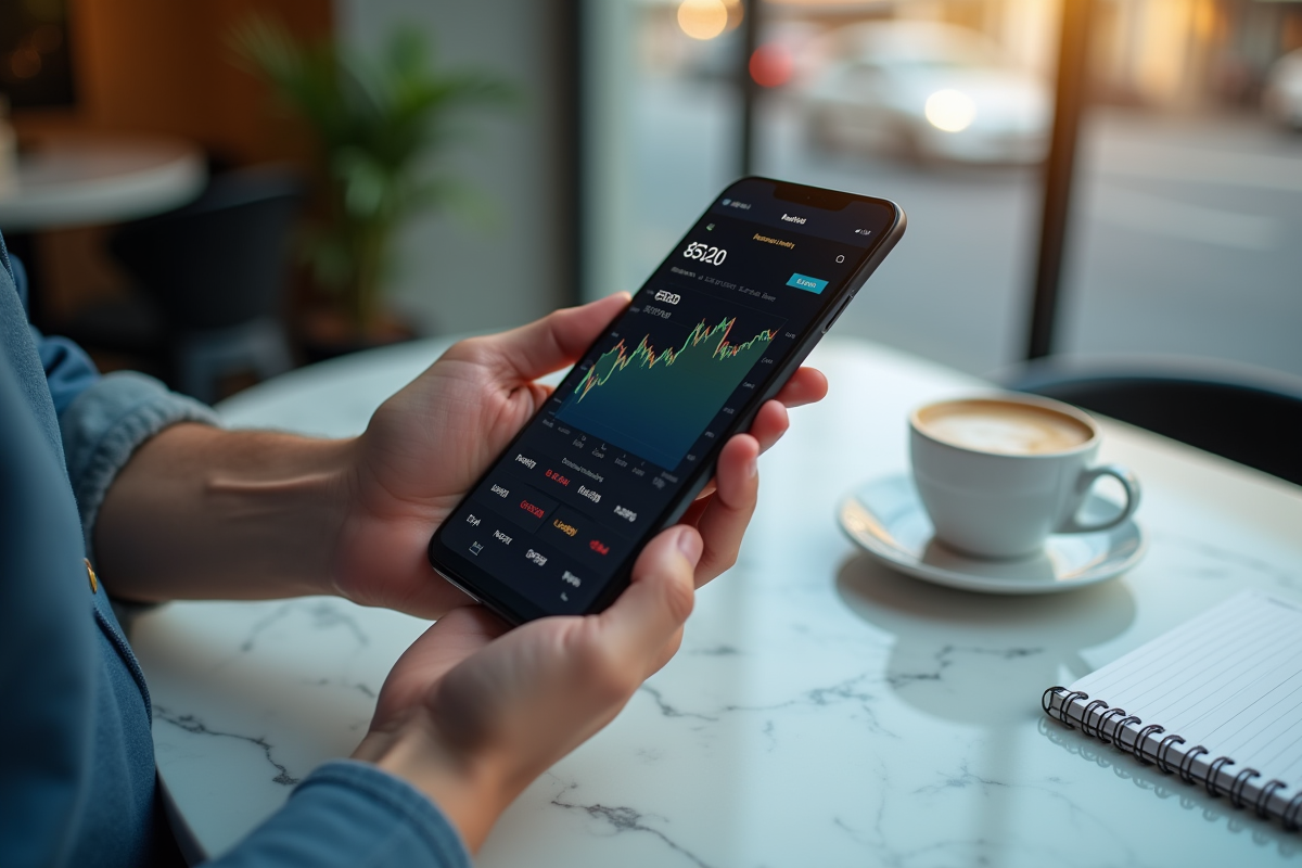 Main tenant un smartphone affichant une application financière
