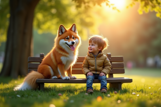 Chien spitz loup souriant assis sur un banc dans un parc ensoleille