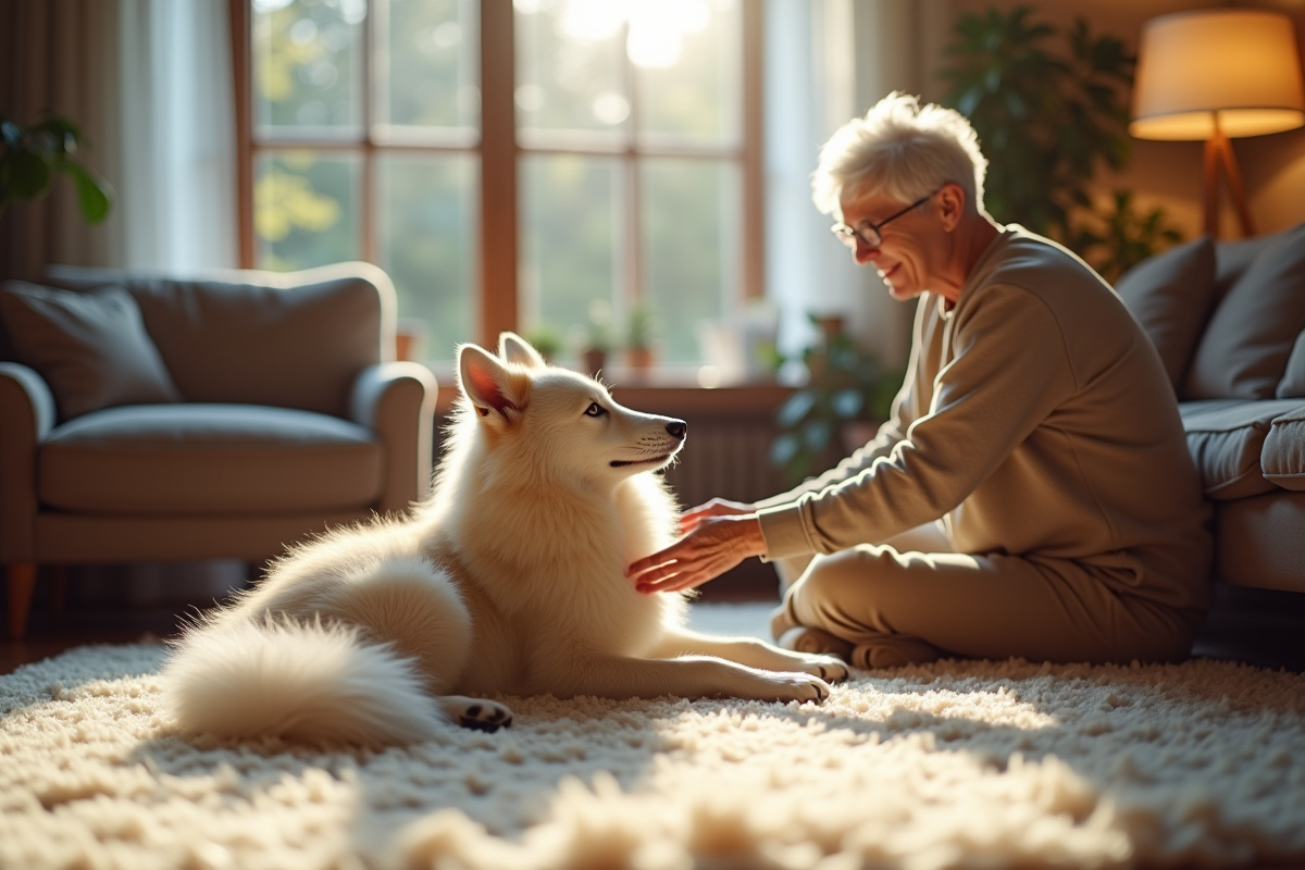 Chien spitz loup dans un salon moderne caressant un senior