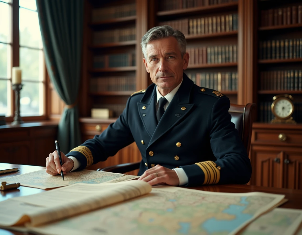 Homme en manteau militaire travaillant à un bureau de commandement avec cartes et documents officiels, illustration d'un stratège politique