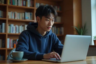 Jeune homme utilisant un site de suivi de mangas sur son ordinateur portable dans un bureau à domicile entouré de volumes de manga