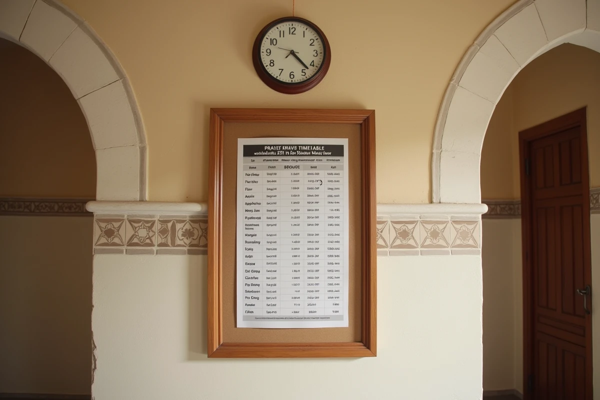 Tableau d'horaires de prière mensuel affiché dans une mosquée de Bordeaux