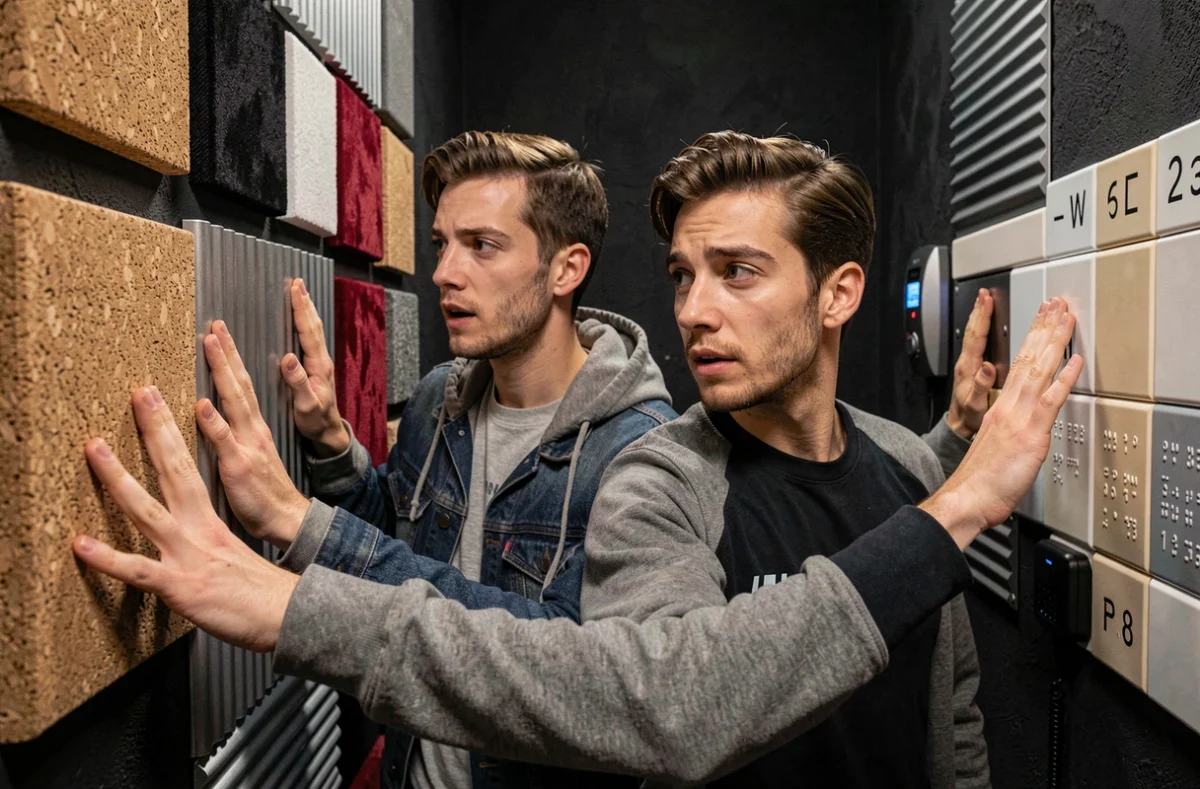 Deux joueurs adultes interagissant avec des panneaux sensoriels tactiles dans l'escape game Tactisens à Toulouse
