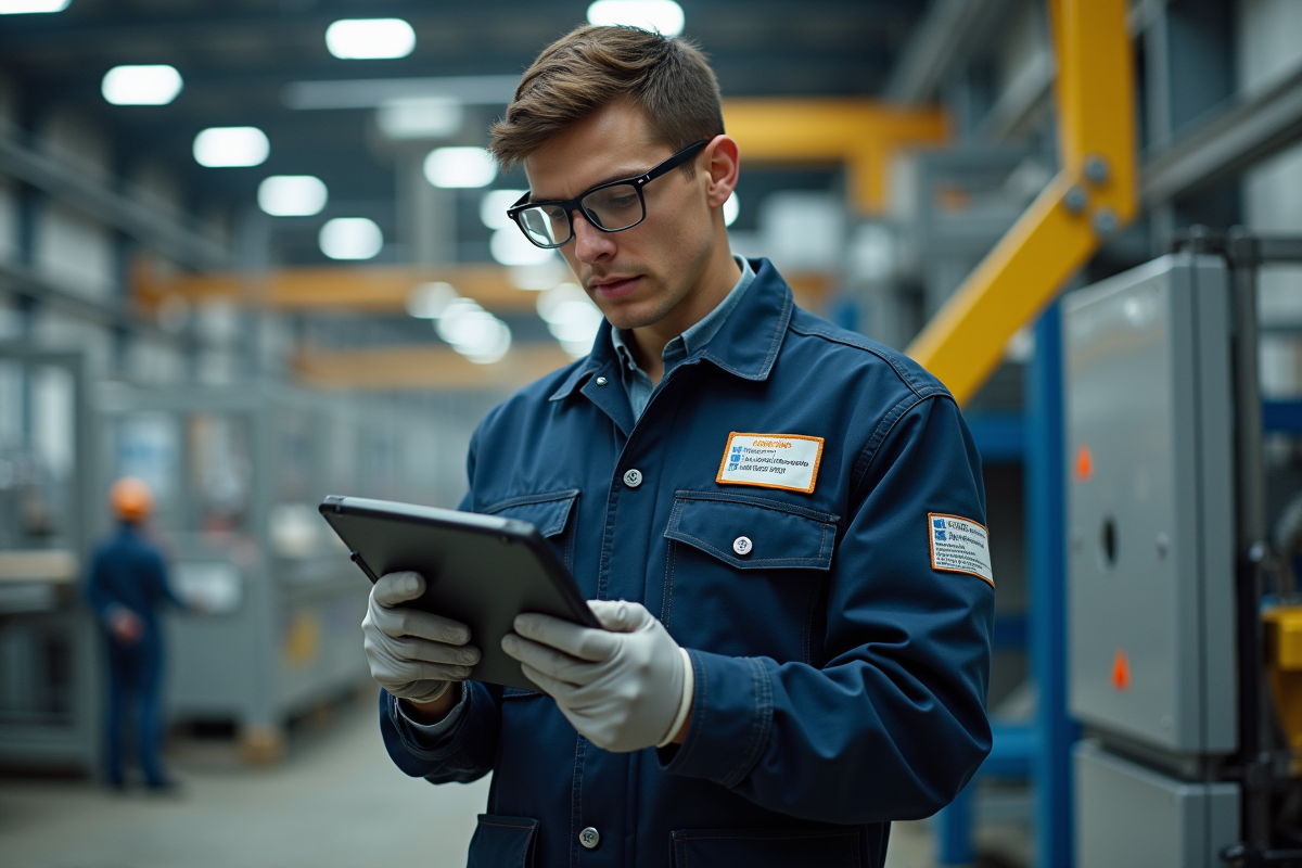 Technicien en usine de recyclage avec tablette et machines