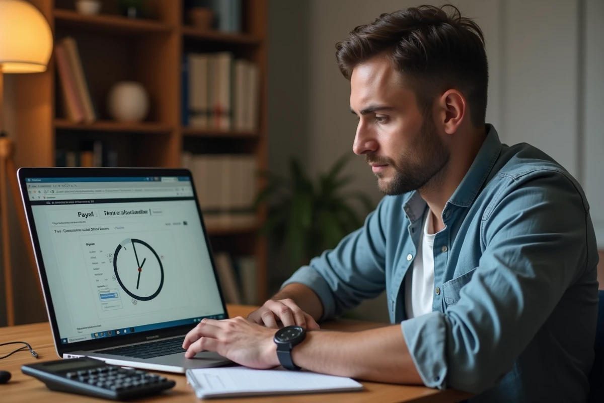 Travailleur indépendant calculant ses heures supplémentaires en heures centésimales depuis son bureau à domicile