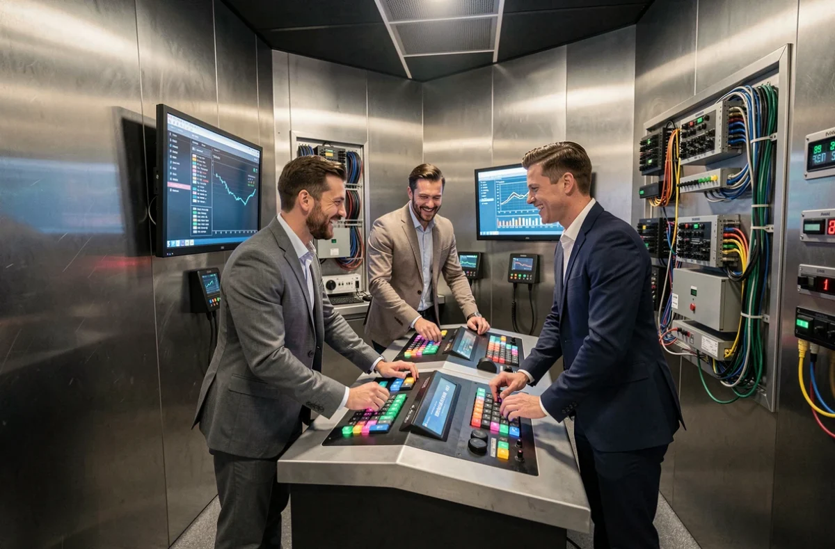 Trois joueurs adultes collaborant devant un panneau de contrôle high-tech dans la salle d'escape game The Escape Game Toulouse
