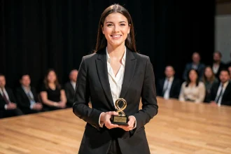 Femme professionnelle tenant un trophée sur scène lors d'une cérémonie de remise de prix, illustrant les moments marquants d'une carrière artistique