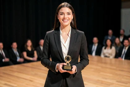 Femme professionnelle tenant un trophée sur scène lors d'une cérémonie de remise de prix, illustrant les moments marquants d'une carrière artistique