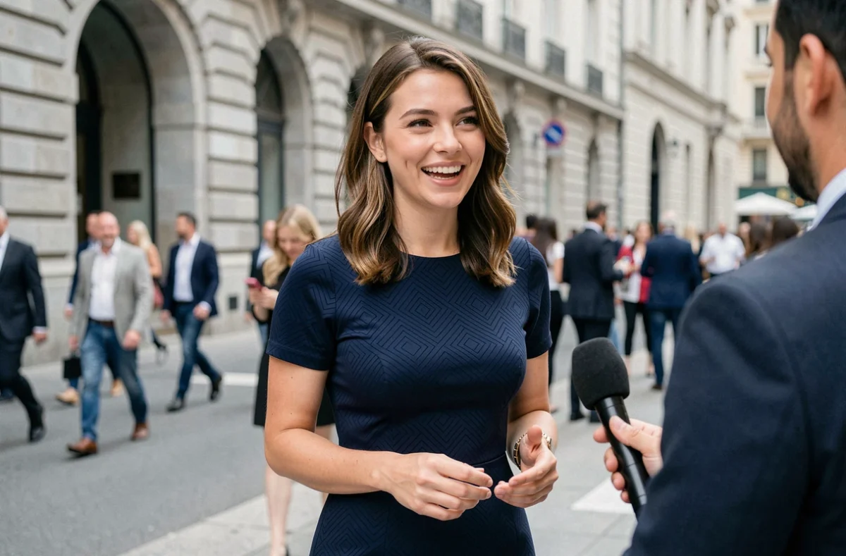 Femme confiante lors d'une interview presse en extérieur dans une ville européenne, représentant un moment clé de la carrière publique de Tiffany Leidfi