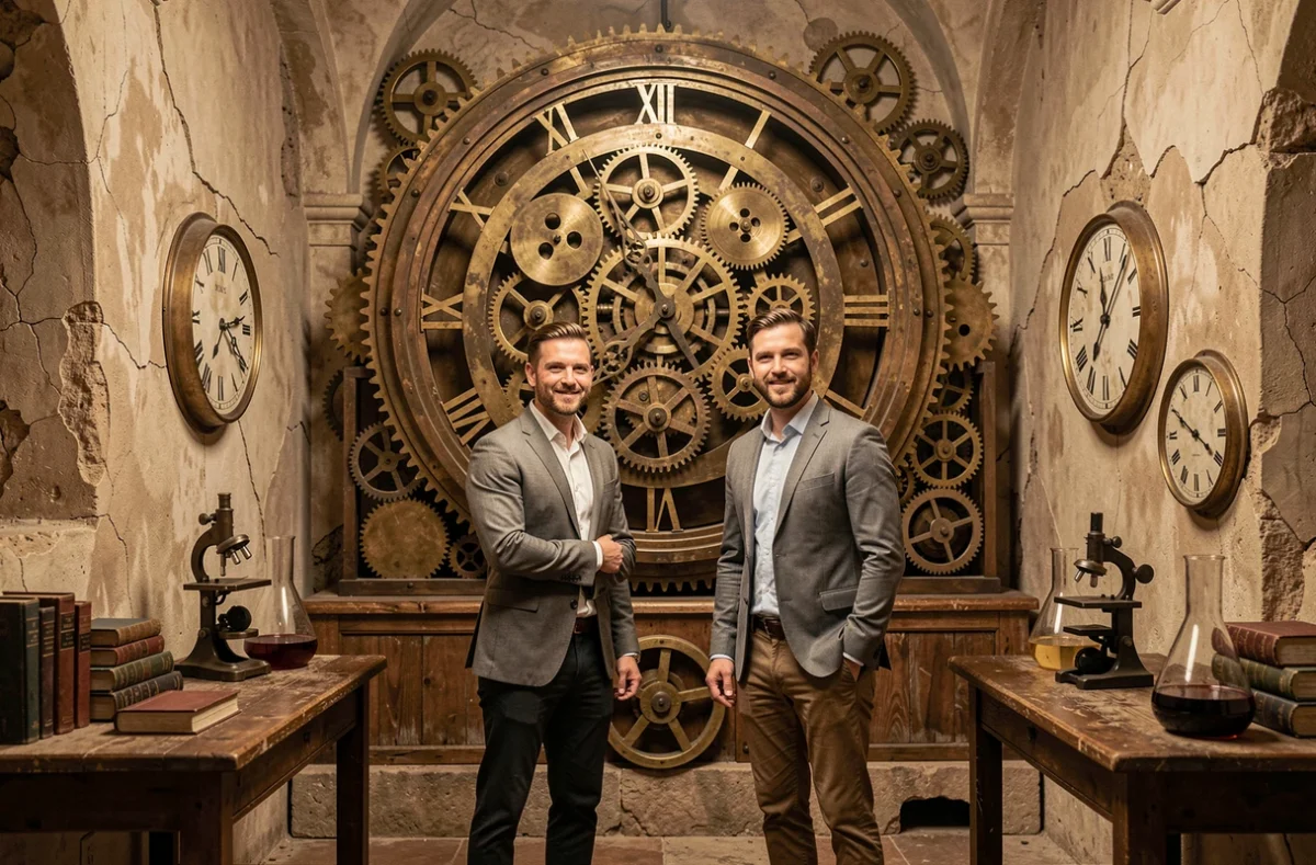Deux joueurs adultes face à un mécanisme d'horloge antique géant dans l'escape game TimeXperience à Nîmes