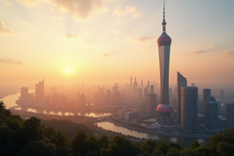 Tour de Shanghai au lever du soleil avec skyline urbain