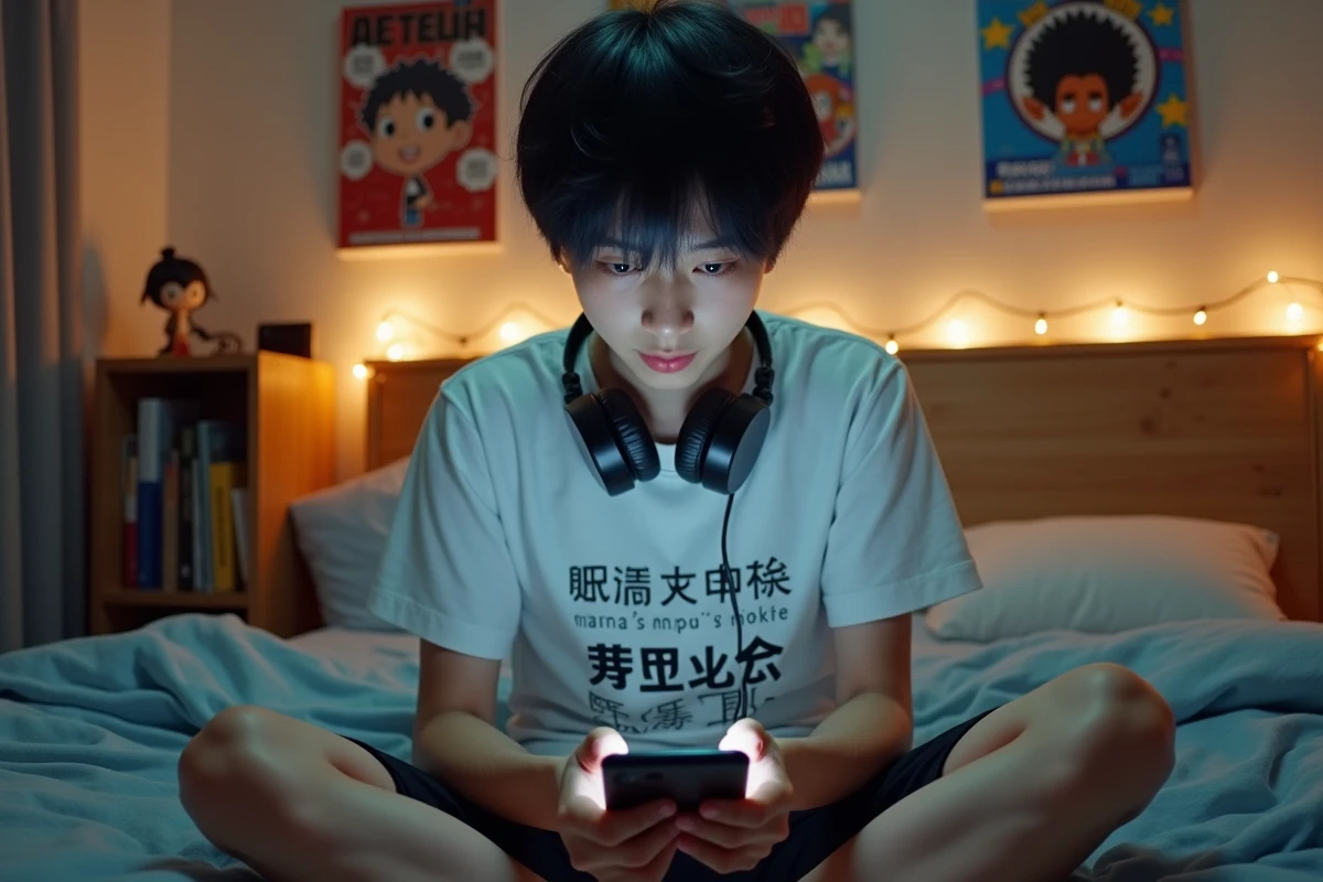 Jeune personne assise sur son lit consultant un tracker de chapitres manga sur smartphone dans une chambre décorée d'affiches manga