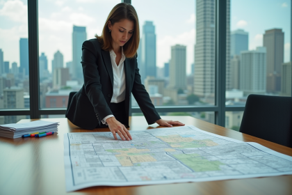 Urbaniste femme examine une carte de zonage dans un bureau moderne