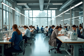 Travailleurs dans une grande usine de vêtements moderne