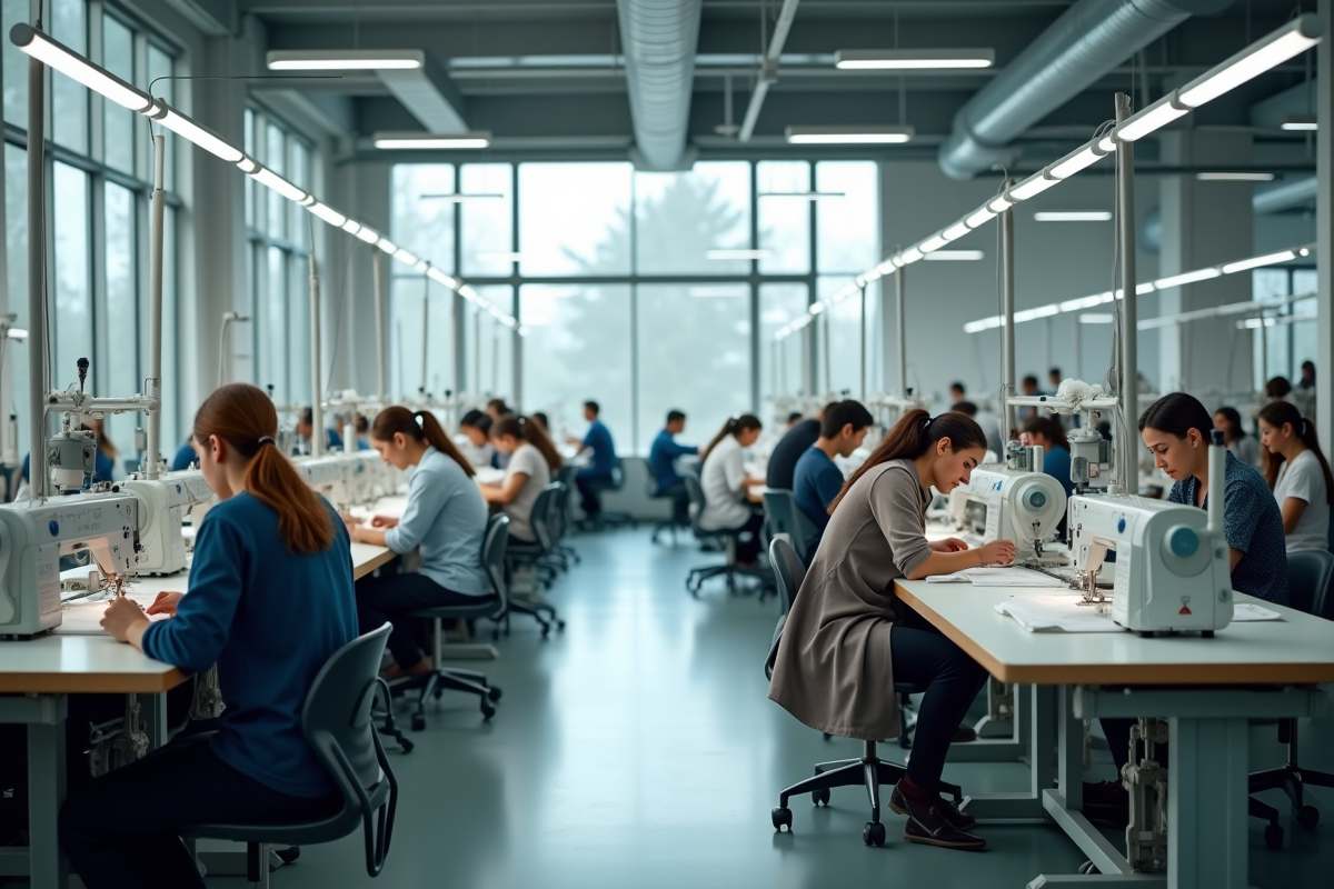 Travailleurs dans une grande usine de vêtements moderne