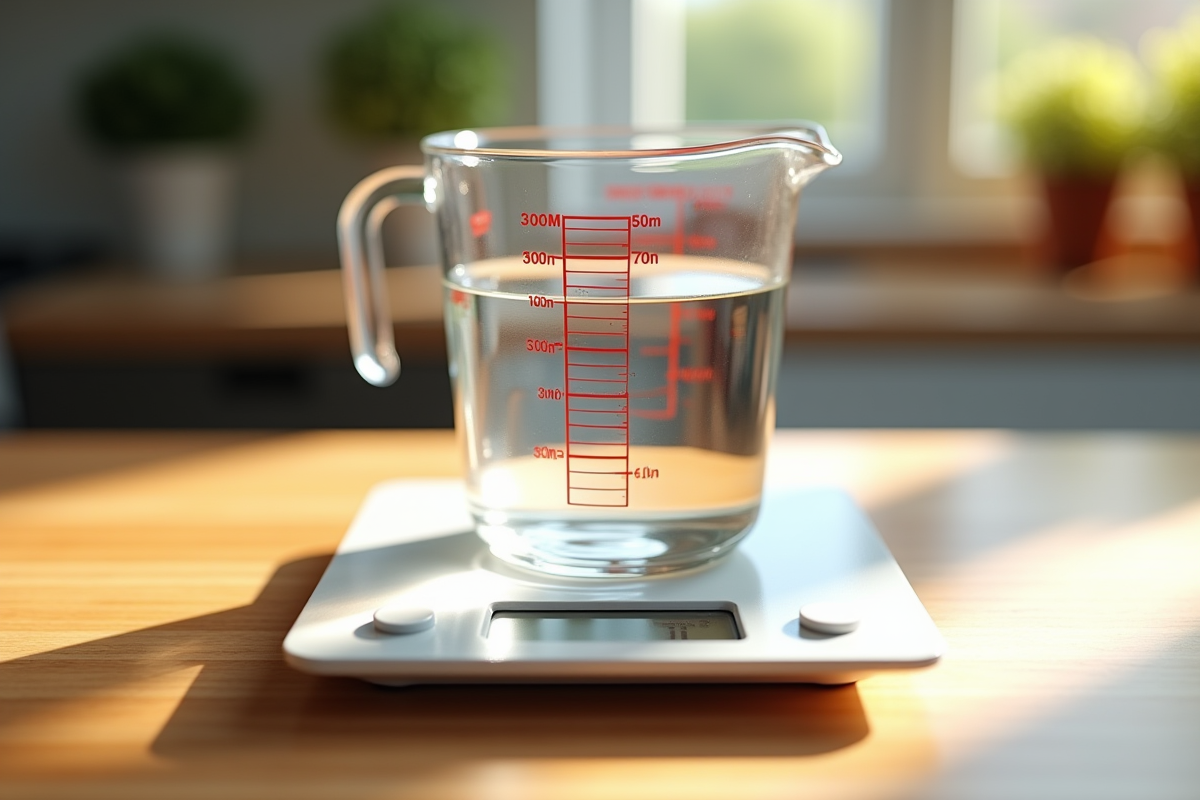Verre mesureur avec 300 ml d'eau sur une balance numérique