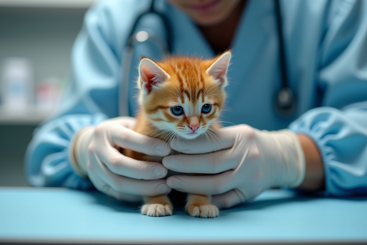 Vétérinaire examinant un petit chaton sur une table d