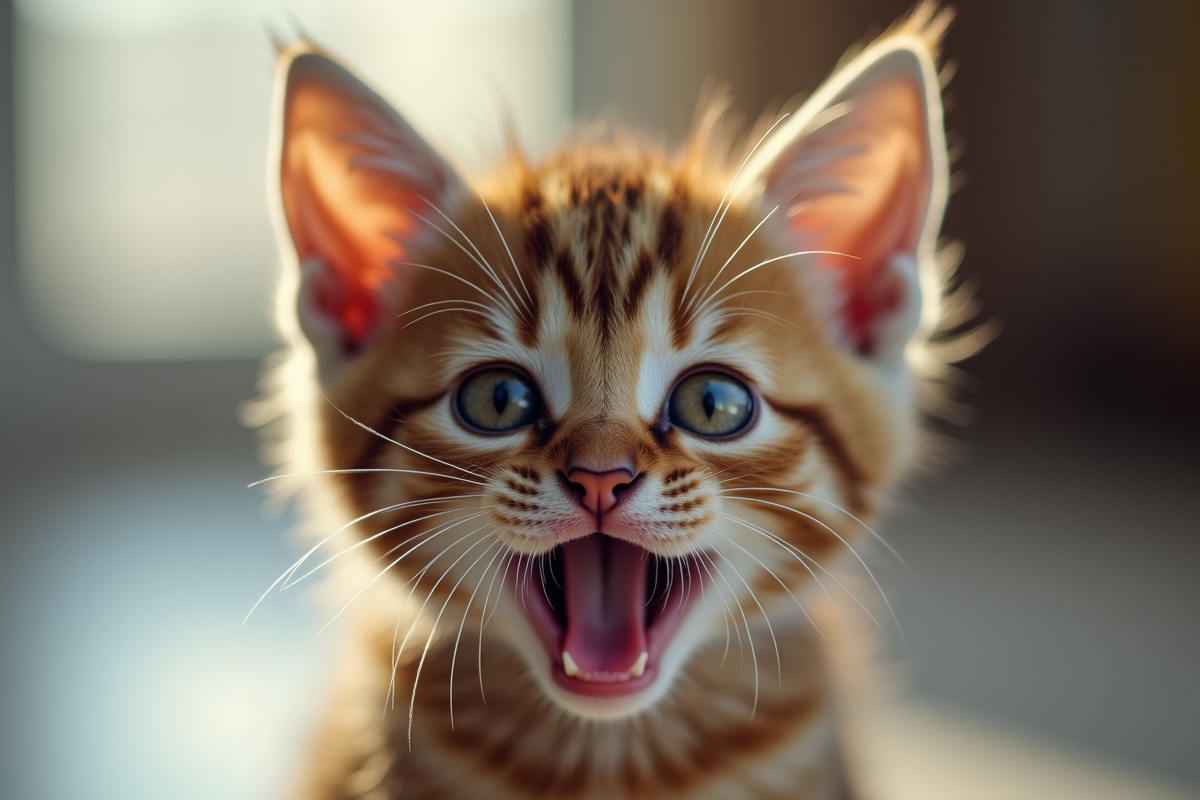 Gros plan d un visage de chaton en train de miauler avec yeux expressifs