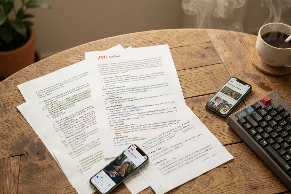 Vue aérienne d'une table avec des impressions d'archives de forums JVC, un smartphone et un café dans un espace de travail à domicile