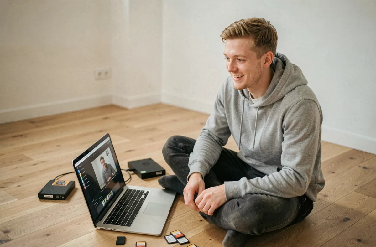 Yohann, vidéaste du Grand Est en train de monter ses vidéos dans un studio minimaliste